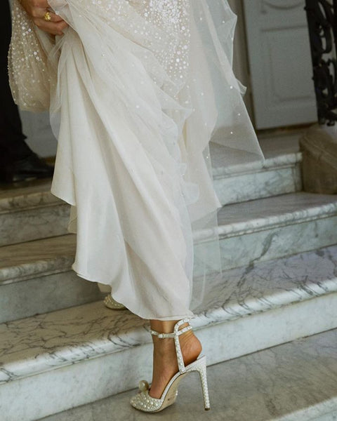 White Satin Sandals with All Over Pearls