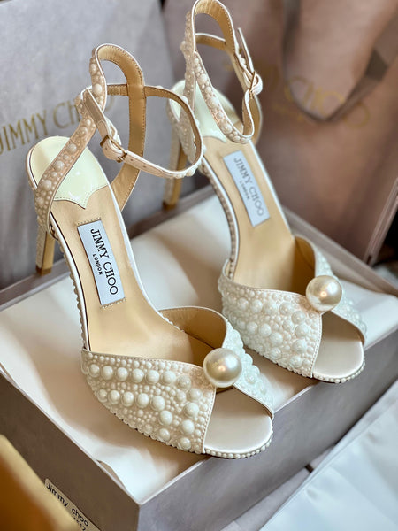 White Satin Sandals with All Over Pearls