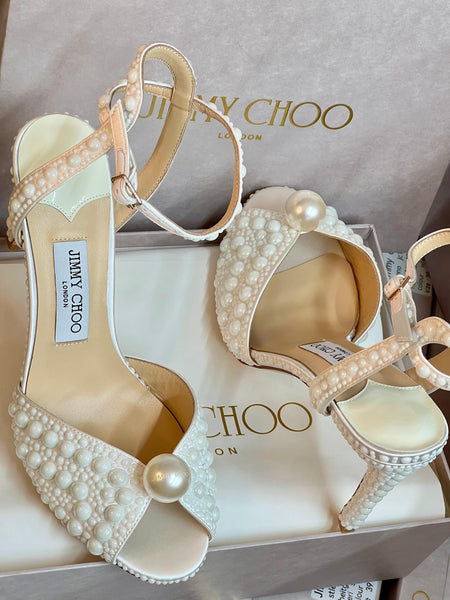 White Satin Sandals with All Over Pearls