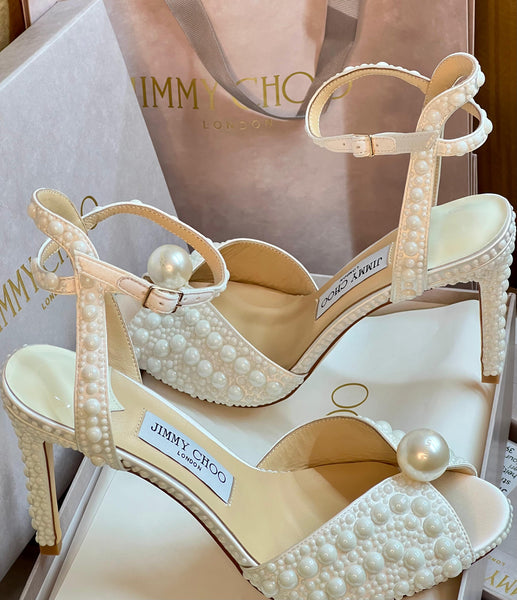 White Satin Sandals with All Over Pearls