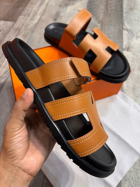 luxury Brand Leather H cut Upper Men Slipper