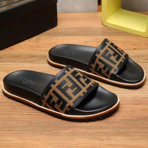 Premium Brown FF jacquard Slides For Men