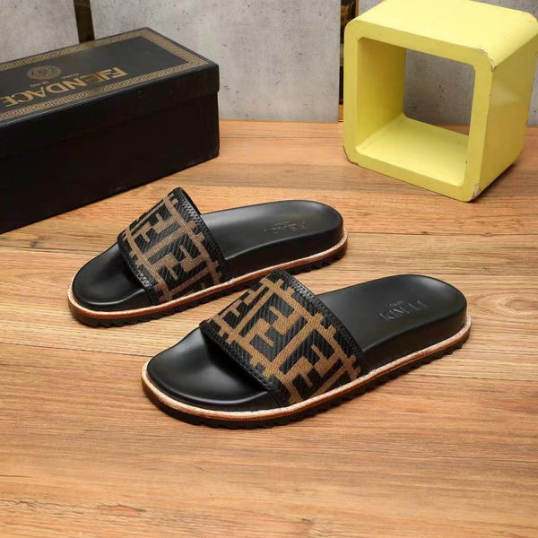 Premium Brown FF jacquard Slides For Men