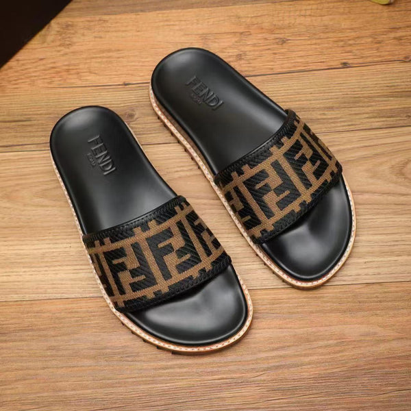 Premium Brown FF jacquard Slides For Men