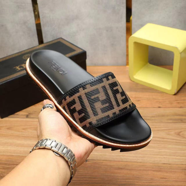 Premium Brown FF jacquard Slides For Men