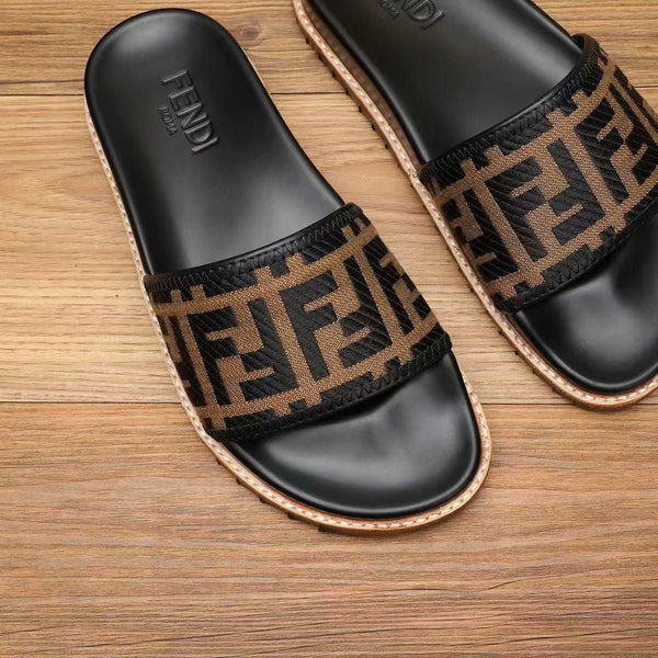 Premium Brown FF jacquard Slides For Men