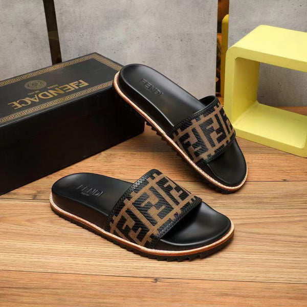 Premium Brown FF jacquard Slides For Men