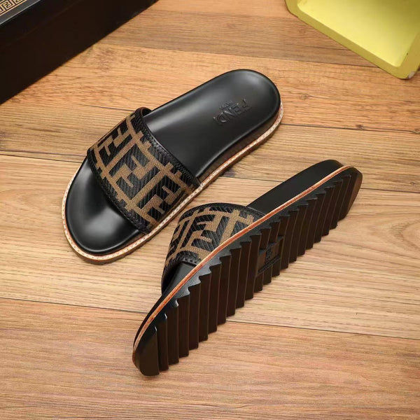 Premium Brown FF jacquard Slides For Men