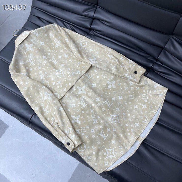Designer Inspired Beige Monogram Shirt Dress with Waist Tie