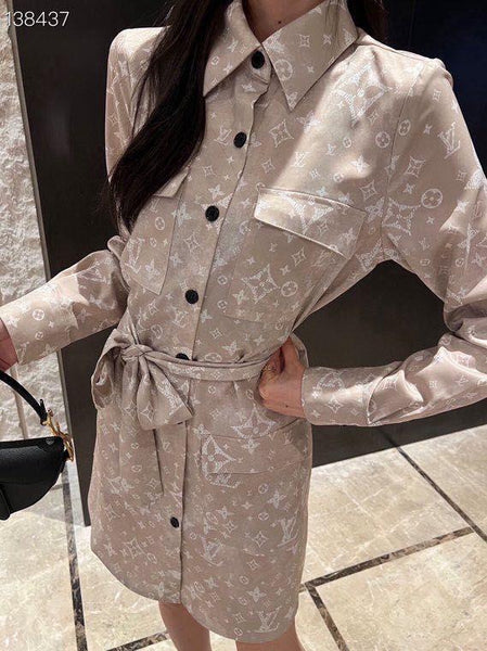 Designer Inspired Beige Monogram Shirt Dress with Waist Tie