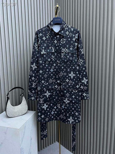 Luxury Monogram Print Long Sleeve Shirt Dress with Belt