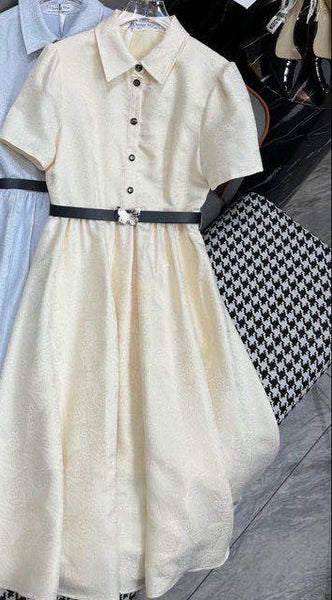 Elegant Collared Short Sleeve Fit & Flare Midi Dress with Waist Belt