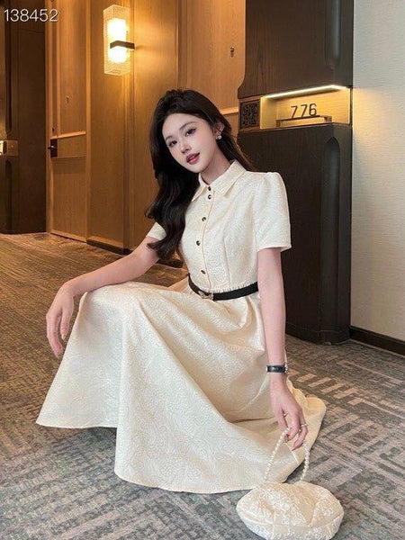 Elegant Collared Short Sleeve Fit & Flare Midi Dress with Waist Belt