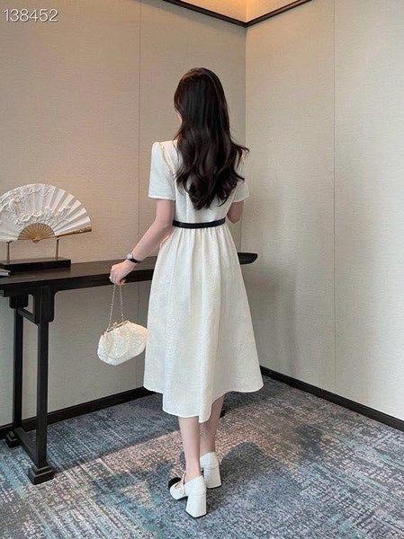Elegant Collared Short Sleeve Fit & Flare Midi Dress with Waist Belt
