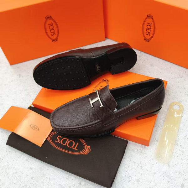Classic Brown Leather Shoes with Signature ‘T’ Buckle for Men
