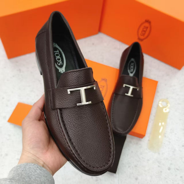 Classic Brown Leather Shoes with Signature ‘T’ Buckle for Men