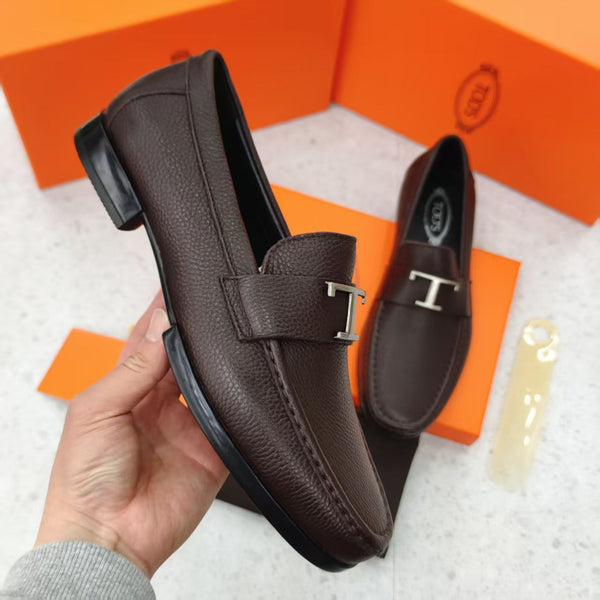 Classic Brown Leather Shoes with Signature ‘T’ Buckle for Men