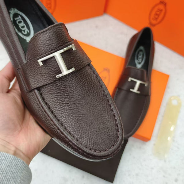 Classic Brown Leather Shoes with Signature ‘T’ Buckle for Men