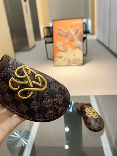 Brande Damier Slippers with Signature Yellow Emblem