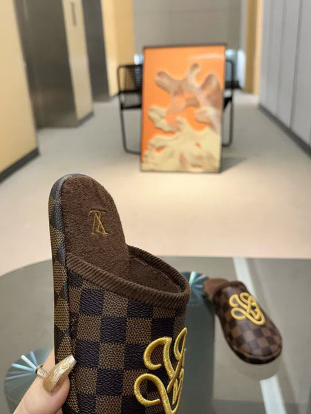 Brande Damier Slippers with Signature Yellow Emblem