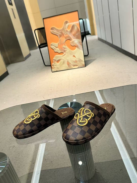 Brande Damier Slippers with Signature Yellow Emblem