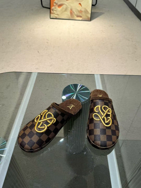Brande Damier Slippers with Signature Yellow Emblem