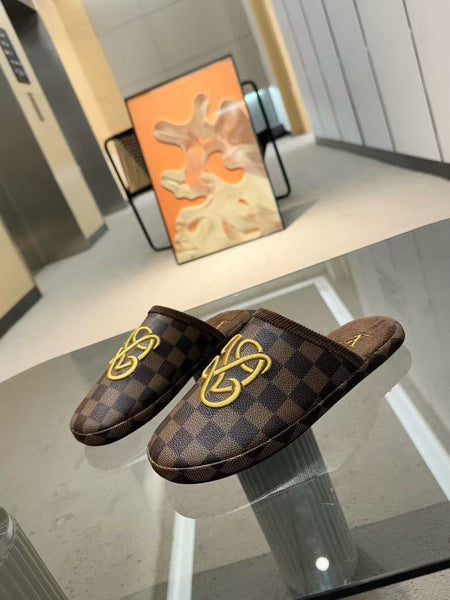 Brande Damier Slippers with Signature Yellow Emblem