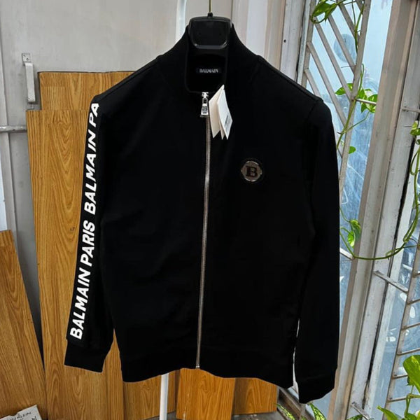 Men Black Zipper Sweatshirt with Text Sleeve Detail