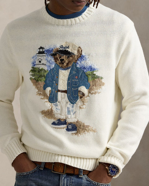Men Crewneck Sweater with Embroidered Bear Design