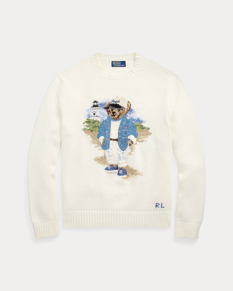 Men Crewneck Sweater with Embroidered Bear Design