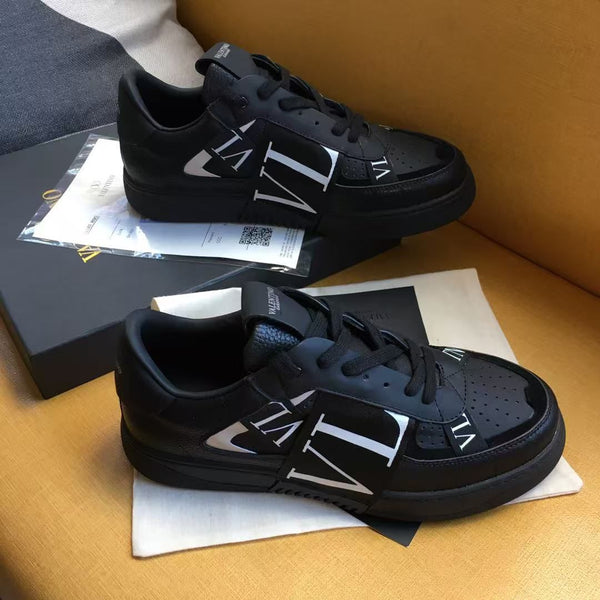 Men Premium All-Black Low-Top Street Sneakers – Bold Monogram Design