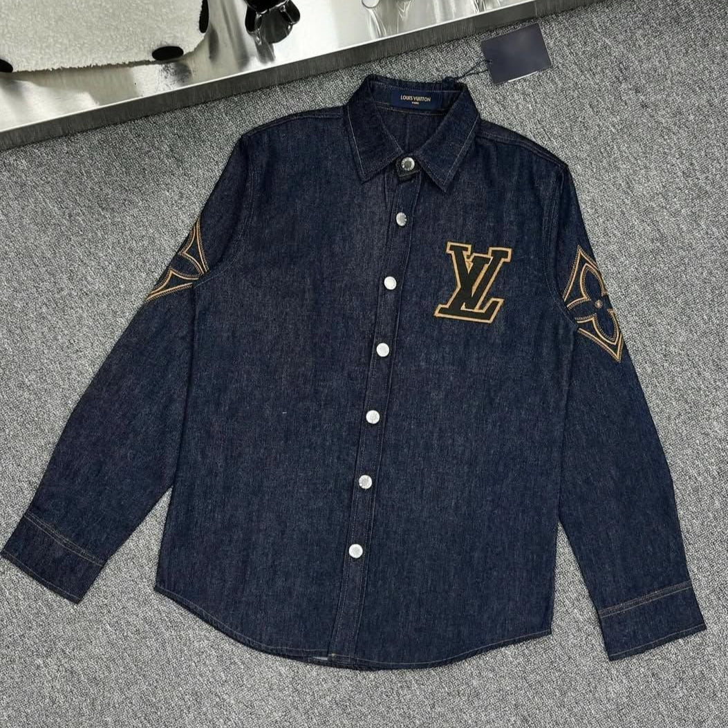 Premium Dark Wash Denim Shirt – Monogram Logo Detail