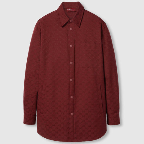 Men Burgundy Monogram Jacquard Overshirt – Luxury Button-Up Shirt