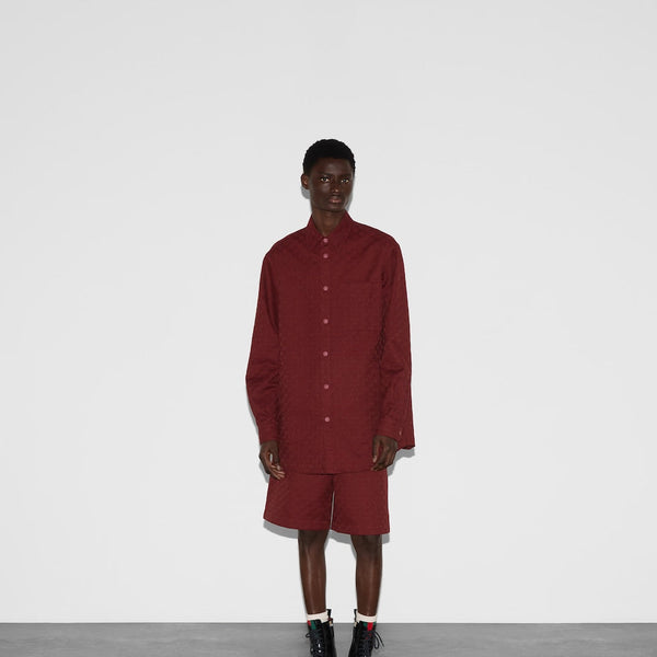 Men Burgundy Monogram Jacquard Overshirt – Luxury Button-Up Shirt