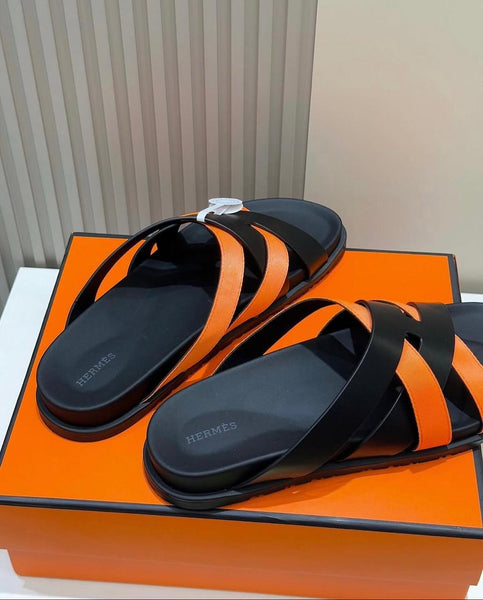Men Luxury Criss-Cross Slide Sleeper – Black & Orange