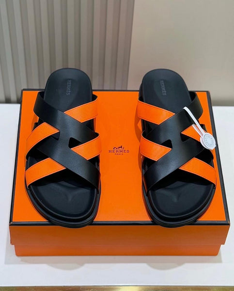 Men Luxury Criss-Cross Slide Sleeper – Black & Orange