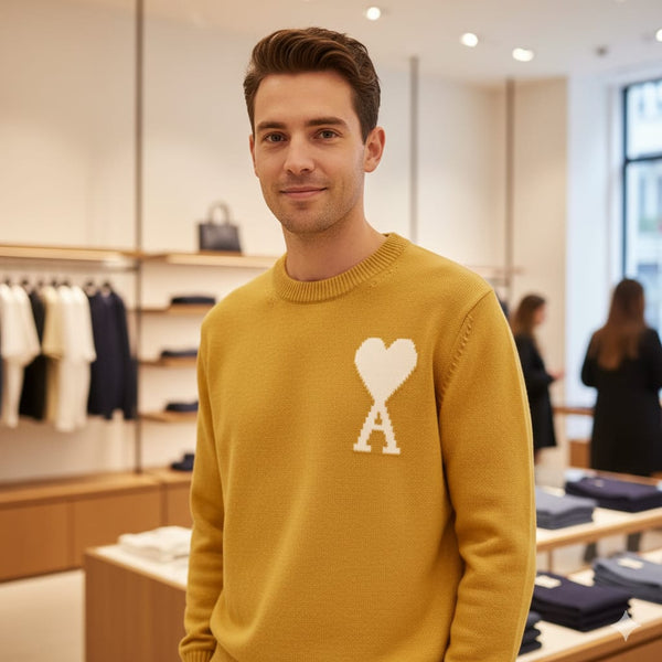 Branded  Crewneck Sweater with Heart Logo  Bold Contemporary Style