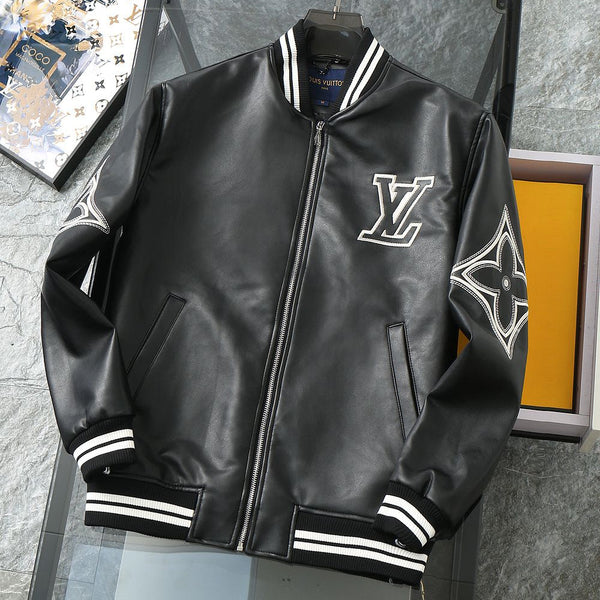 Luxury Black Leather Varsity Jacket with Embroidered Detailing