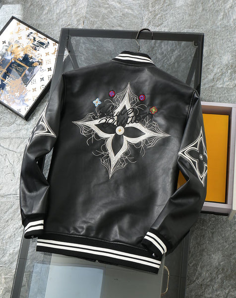 Luxury Black Leather Varsity Jacket with Embroidered Detailing