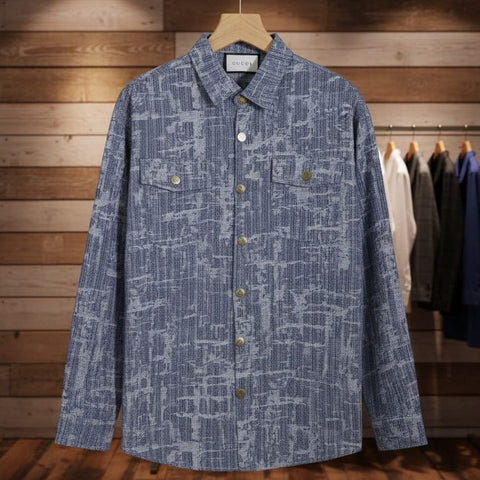 Luxury Textured Blue Long Sleeve Shirt for Men