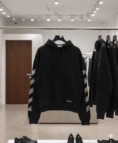 Men Black Graphic Hoodie with Textured Sleeve and Back Design