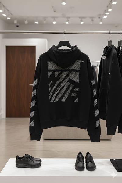 Men Black Graphic Hoodie with Textured Sleeve and Back Design