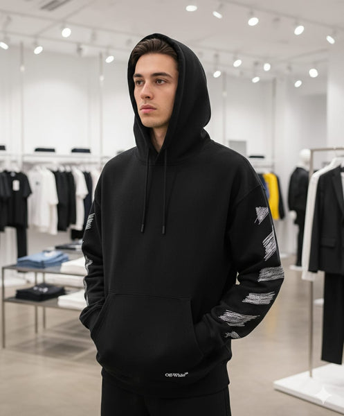 Men Black Graphic Hoodie with Textured Sleeve and Back Design