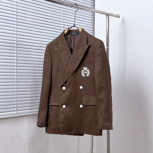 Double-Breasted Brown Blazer with Embroidered Crest