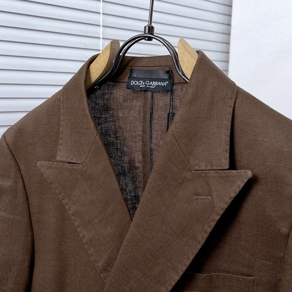 Double-Breasted Brown Blazer with Embroidered Crest
