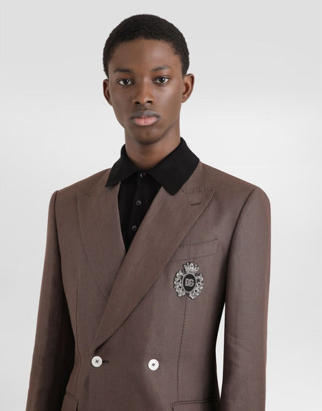 Double-Breasted Brown Blazer with Embroidered Crest