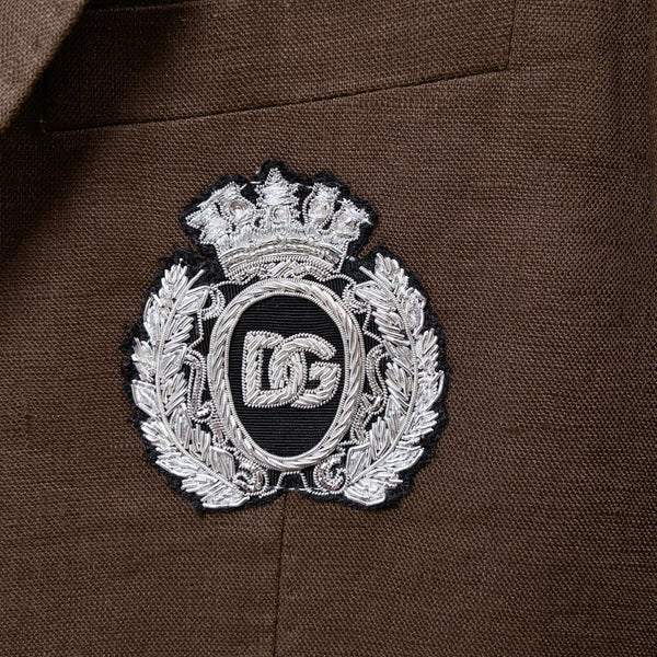 Double-Breasted Brown Blazer with Embroidered Crest