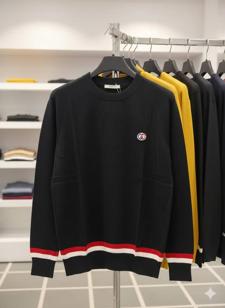 Men Premium Black Crewneck Sweater with Red and White Trim