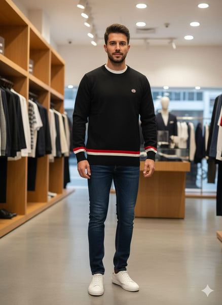 Men Premium Black Crewneck Sweater with Red and White Trim