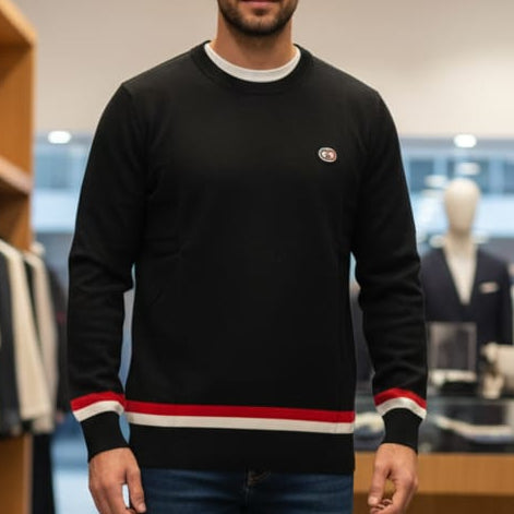 Men Premium Black Crewneck Sweater with Red and White Trim